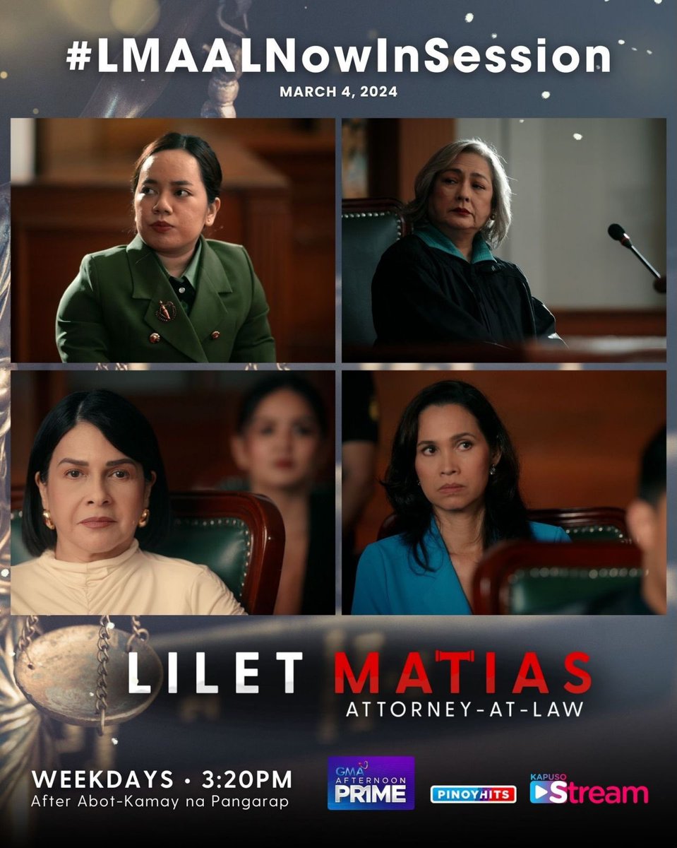 Magsisimula na ang kwento ng ating LAW-DI na inaabangan ng sambayanan!

Abangan ang #LiletMatiasAttorneyAtLaw mamayang 3:20 PM, pagkatapos ng ‘Abot-Kamay na Pangarap’!

Official Hashtag: #LMAALNowInSession