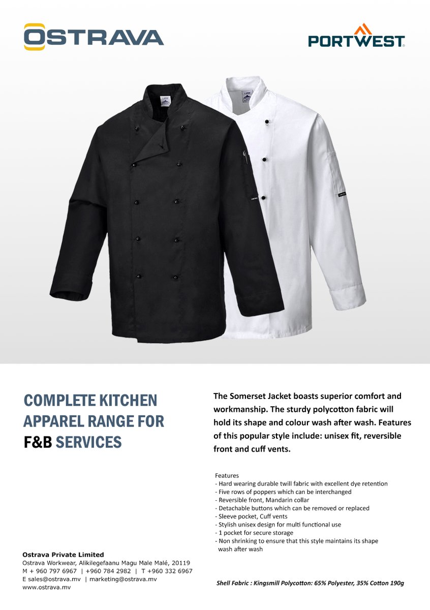 The Somerset Jacket boasts superior comfort and workmanship. The sturdy polycotton fabric will hold its shape and colour wash after wash.

Be Safe, Be Smart!
#ppe #workwear #spectacles #OstravaWorkwear #portwest #SafetyFirst #handprotection #SafetyatWork #heatresistant #Gloves