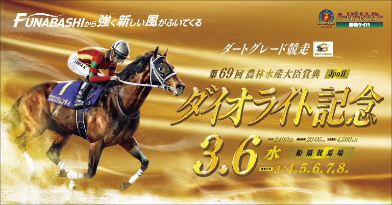 funabashi_keiba's tweet photo. 🐴『ダイオライト記念』フォロー&amp;リポストキャンペーン🐴

#ダイオライト記念 の開催を祝して、抽選で24名様にAmazonギフト2,400円分をプレゼント✨

【応募方法】
1⃣本アカウントをフォロー
2⃣このポストをリポスト
〆切：3/8(金) 21:00

3月も船橋ケイバを是非お楽しみください☺

#船橋ケイバ https://t.co/jp4ebA7Yv1