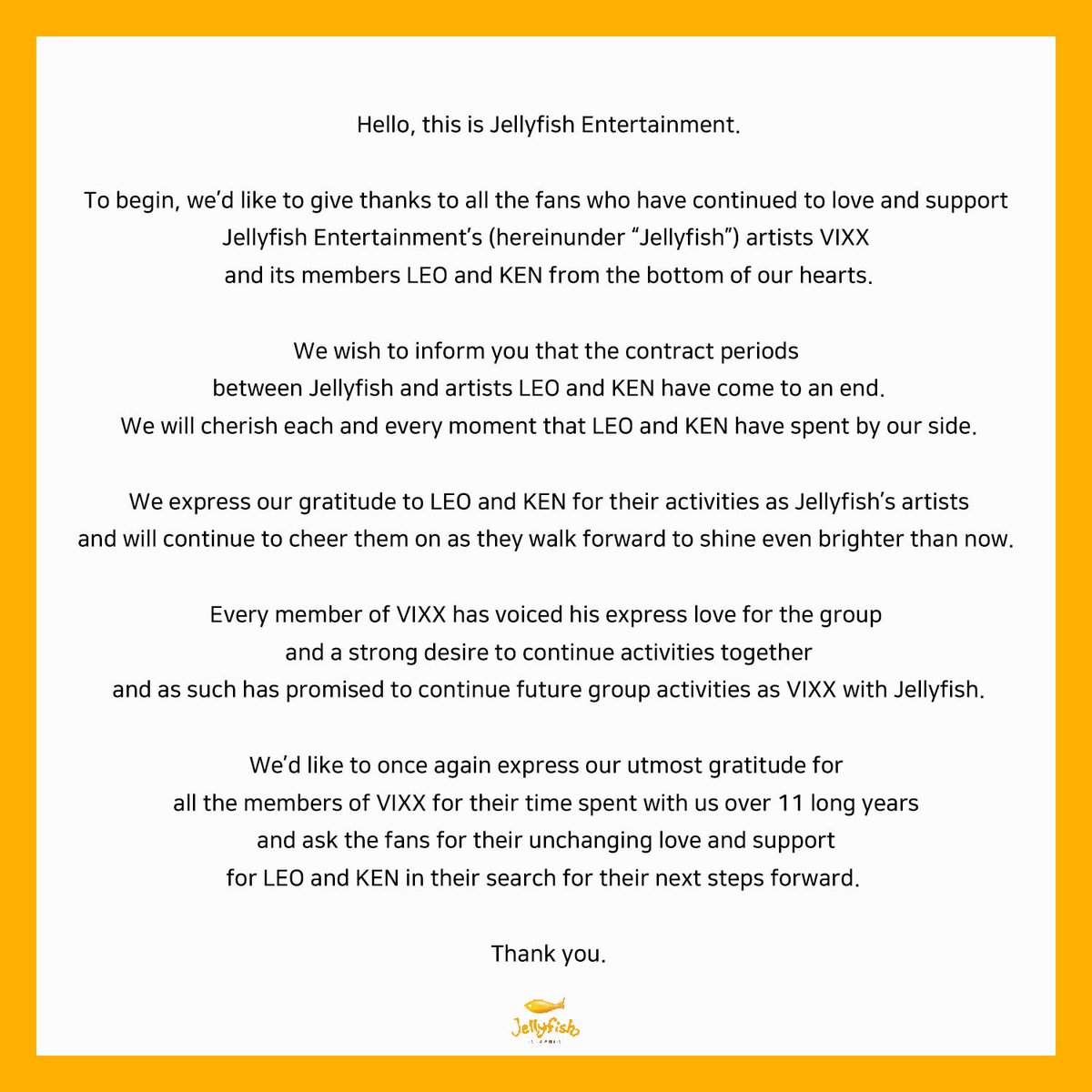 jellyfish_ent's tweet image. 소속 아티스트 레오, 켄과의 전속 계약 종료 안내