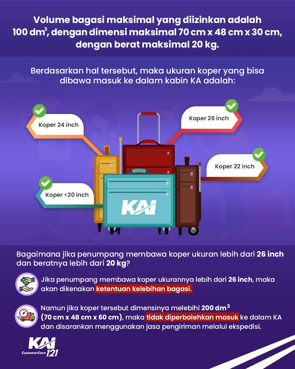 KAI121's tweet photo. Batas Ukuran Koper yang Diperbolehkan Masuk ke dalam Kabin Kereta 🧳

Tim traveling sambil bawa koper, kumpul di sini! Anyway, kalian udah tahu belum berapa ukuran dan berat koper yang diperbolehkan masuk ke dalam kabin kereta? 🤔

Cuma mau ingetin ya, kalau batas maksimal ukuran koper yang diperbolehkan masuk ke dalam KA dan diletakkan di rak bagasi adalah ukuran 26 inci, dengan berat maksimal sebesar 20 kilogram. ⚖️

Kalau bawa koper di atas 26 inci, gimana Min? Koper di atas 26 inci jika ingin dibawa masuk ke dalam kabin KA, maka akan dikenakan ketentuan bea bagasi. Namun jika dimensi kopernya melebihi 70 cm x 48 cm x 60 cm, maka tidak diperkenankan dibawa ke dalam KA dan dikirim dengan jasa ekspedisi.

Kebijakan ini bertujuan untuk menjamin keselamatan perjalanan dan kenyamanan sesama penumpang lain, yang berhak menggunakan rak bagasi. 😉

Jadi, yuk mulai sekarang lebih aware dan bijak dalam membawa koper dan bagasi lainnya saat naik kereta api. Biar semua penumpang nyaman dalam perjalanan. Setuju? 😊

#KAI121 
#AturanBagasiKereta 
#AyoNaikKereta 
#KeretaApi