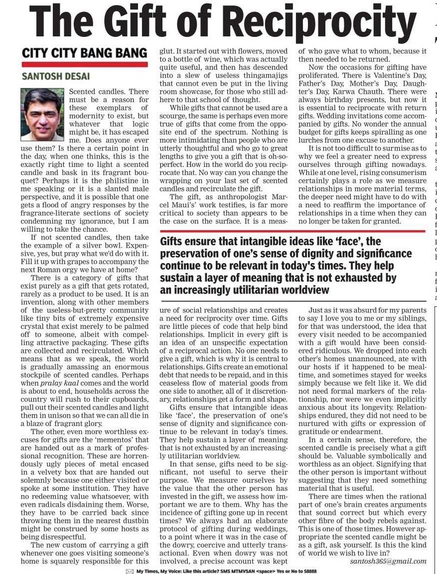 On the utility of useless gifts. Scented candles, photo frames and the like. Today in the TOI