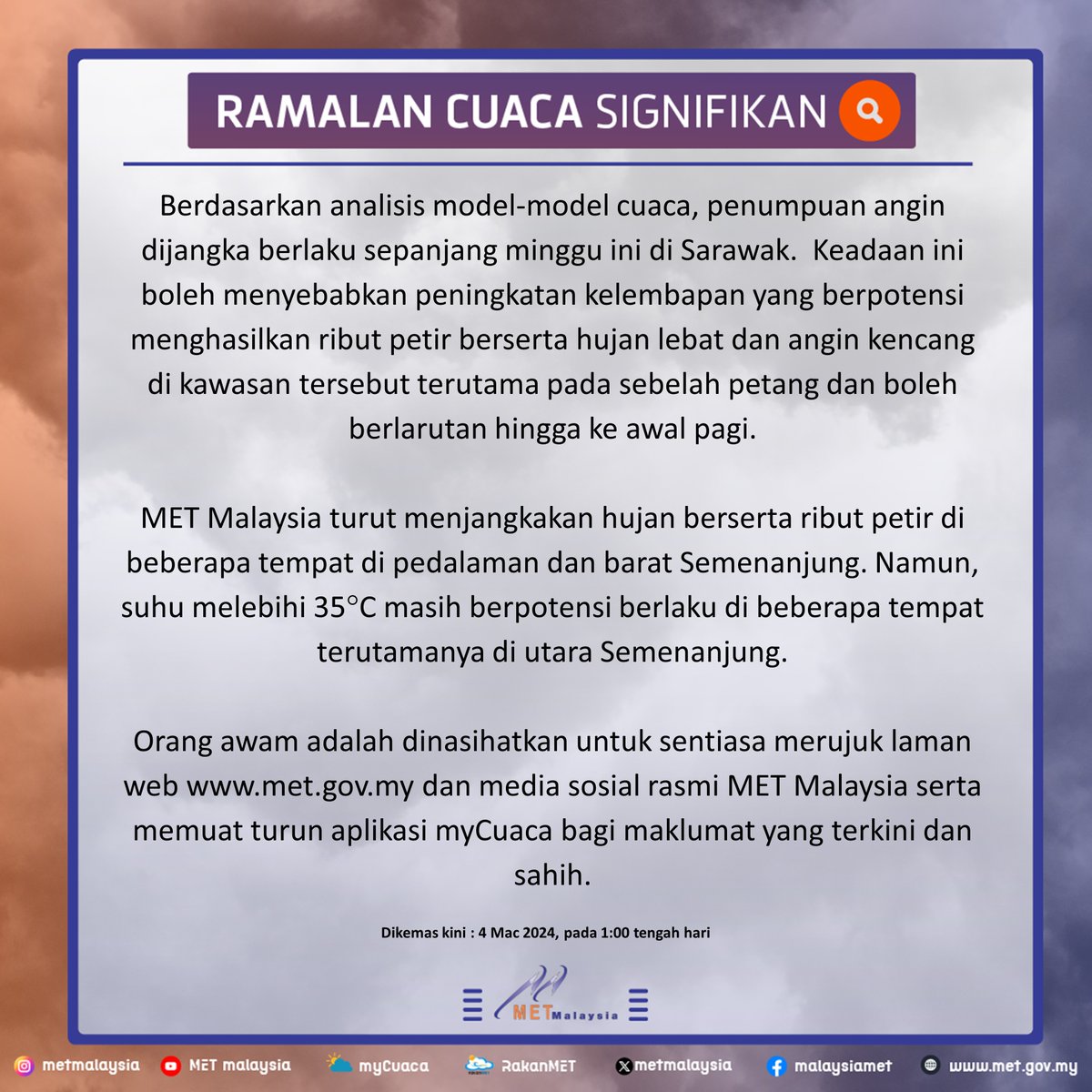 metmalaysia's tweet photo. RAMALAN CUACA SIGNIFIKAN https://t.co/WlaChneeoc