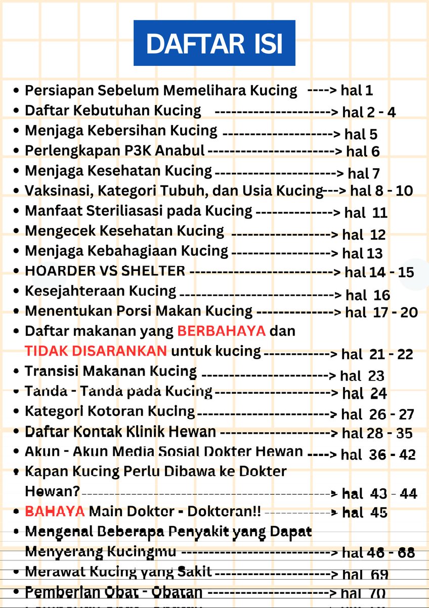 [E-BOOK GRATIS] 
Bismillahirrahmanirrahim, Alhamdulillah telah selesai pengumpulan informasi dari berbagai sumber (semua sumber tertera) untuk membantu teman - teman dalam memelihara kucing ♥️

> PANDUAN MEMELIHARA KUCING UNTUK PEMULA <

(BUKAN THREAD AFFILIATE LINK OLSHOP!!)