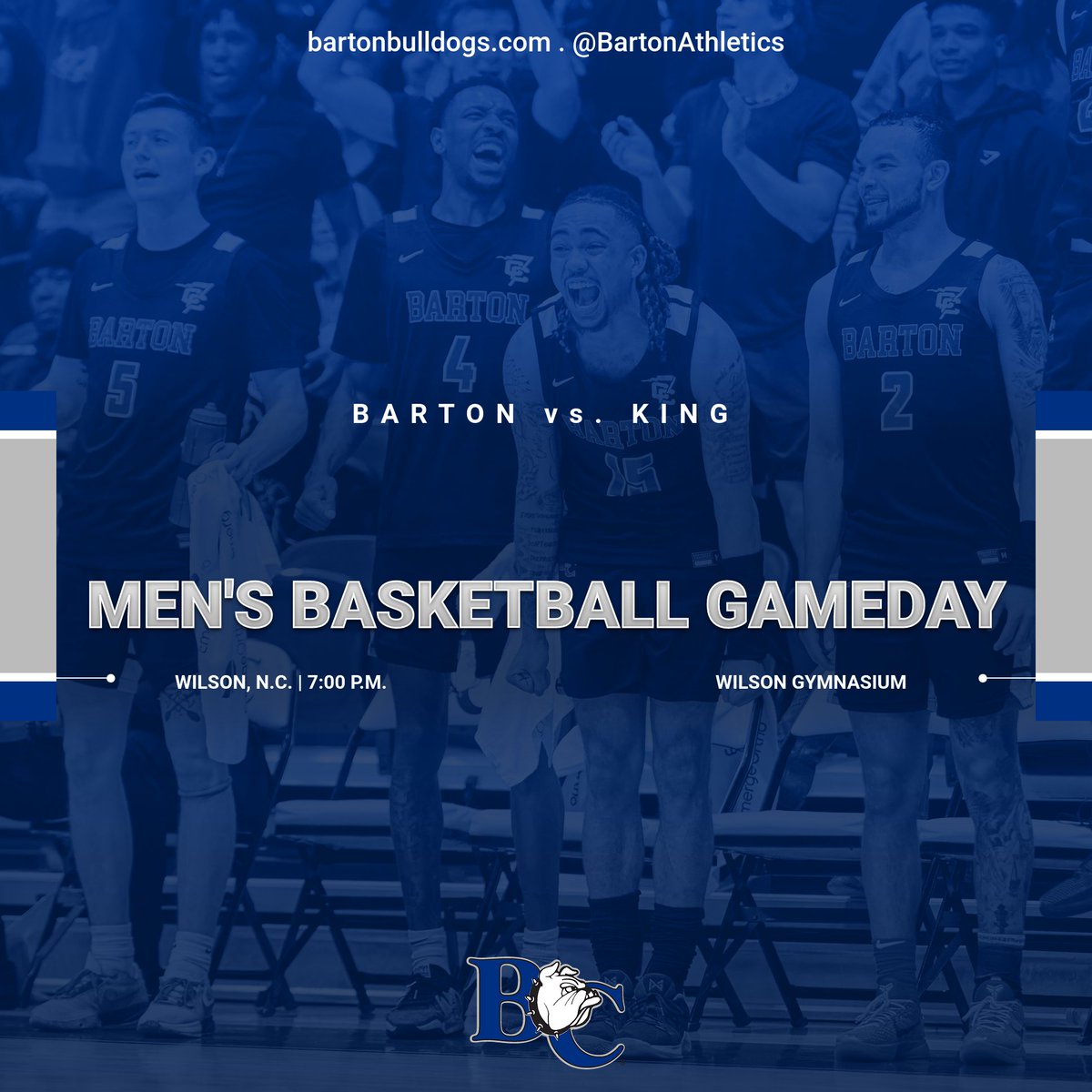 GAME DAY!
🏀: Barton vs. King
📍: Wilson, N.C. (Wilson Gymnasium)
🕰️: 7:00 p.m.
📹: bit.ly/3jEWb3v
📊: bit.ly/3c3UfwG
#BartonBold . #BCBulldogs . <a href="/BartonMBB/">Barton College Men’s Basketball</a> 
2024 Atlantic Casualty <a href="/ConfCarolinas/">Conference Carolinas</a> Championship Second Round