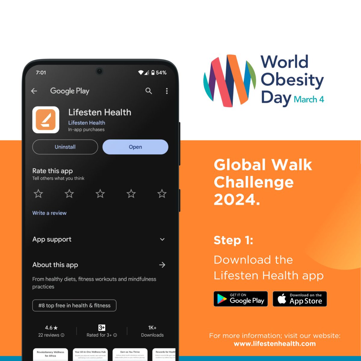 @WorldObesity Are you ready to take on World Obesity Day 2024! To join the Global Walk Challenge, Start by downloading the Lifesten Health app! 📲 iOS: apple.co/3sv1vxs Android: bit.ly/47sl9cn   #WorldObesityDay #WOD2024 🧵 2/7