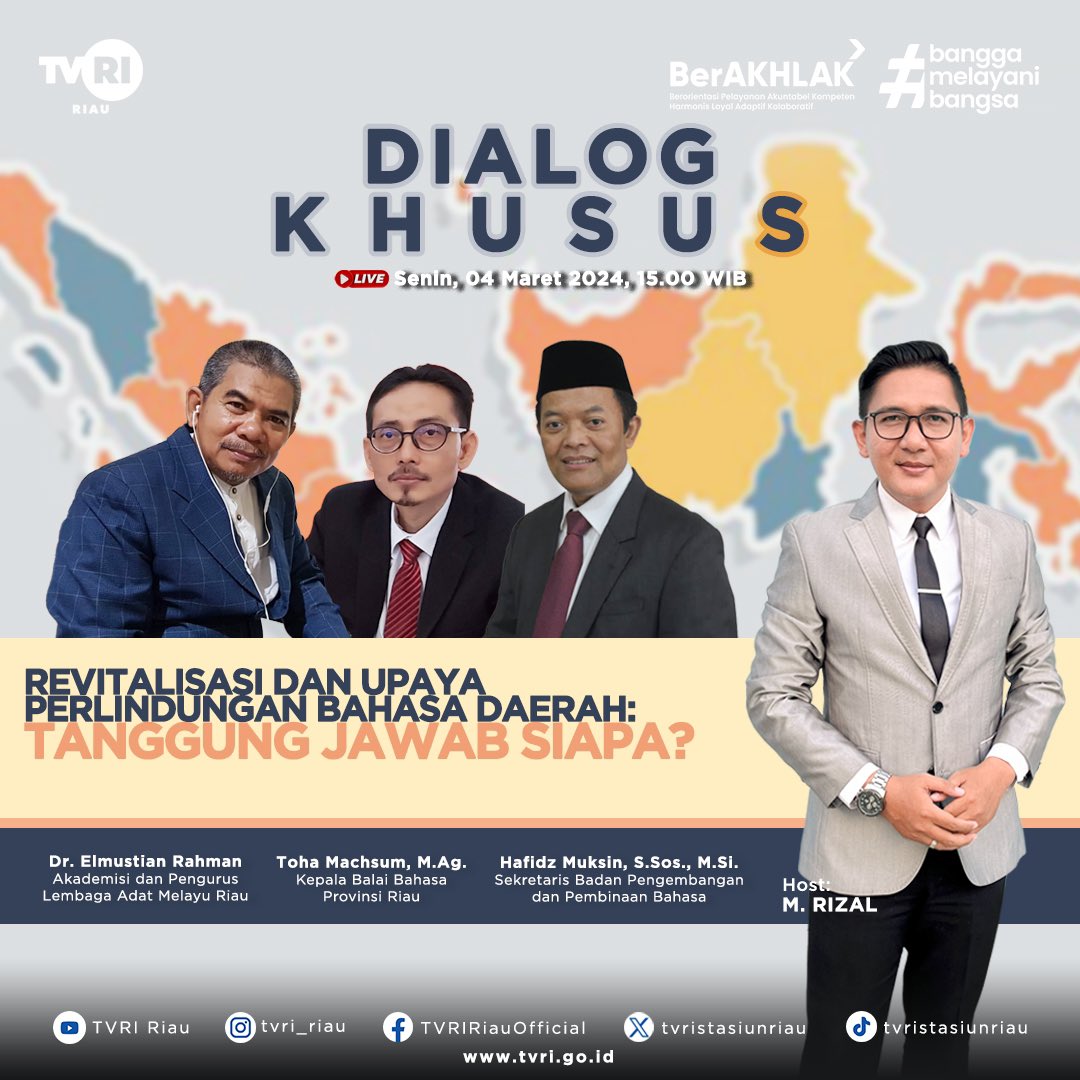 Yuk mari kita simak siaran langsung Balai Bahasa hari ini dengan topik ‘Revitalisasi dan Upaya Perlindungan Bahasa Daerah : Tanggung Jawab Siapa?’ di TVRI Riau, Senin 04 maret 2023 pukul 15.00 Wib.