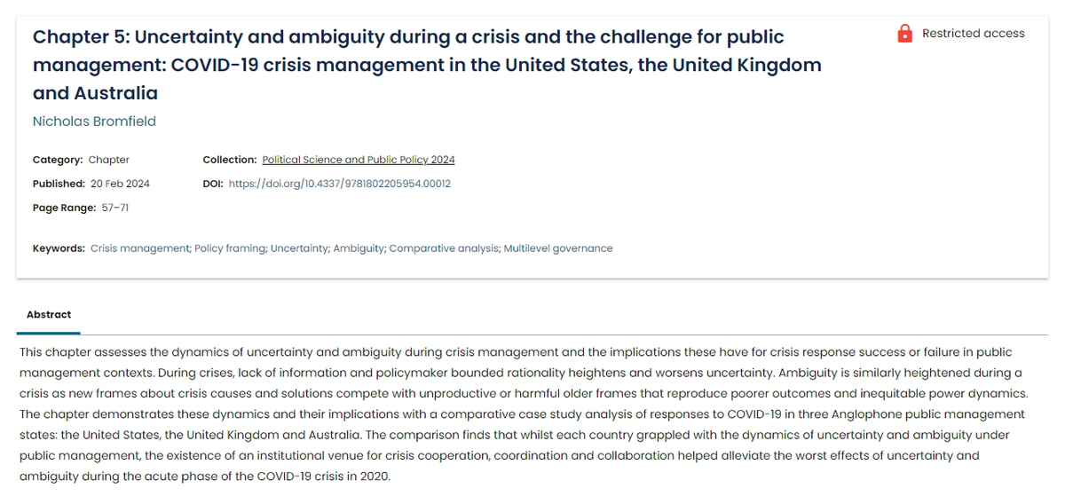 This one is out, so guess I should promote it! I assess the role of uncertainty and ambiguity during crisis management and the implications this has for crisis response success or failure in public management contexts - US, UK + Australia DM for a copy! doi.org/10.4337/978180…