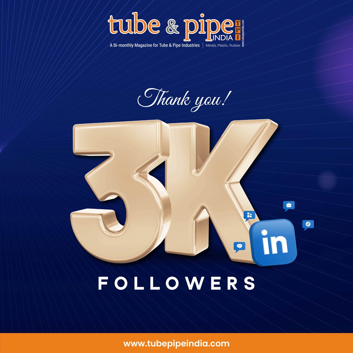 tubepipeindia's tweet image. We are excited to share that @TubePipeIndia recently hit the 3000+ follower mark on our #LinkedInPage. 

Not a ‘follower’ yet? Join us Now on LinkedIn: linkedin.com/company/tube-p…

#TubePipeIndia #Followers #LinkedinFollowers #TubeAndPipe #IndustryNews #Tube #Pipe #TPI