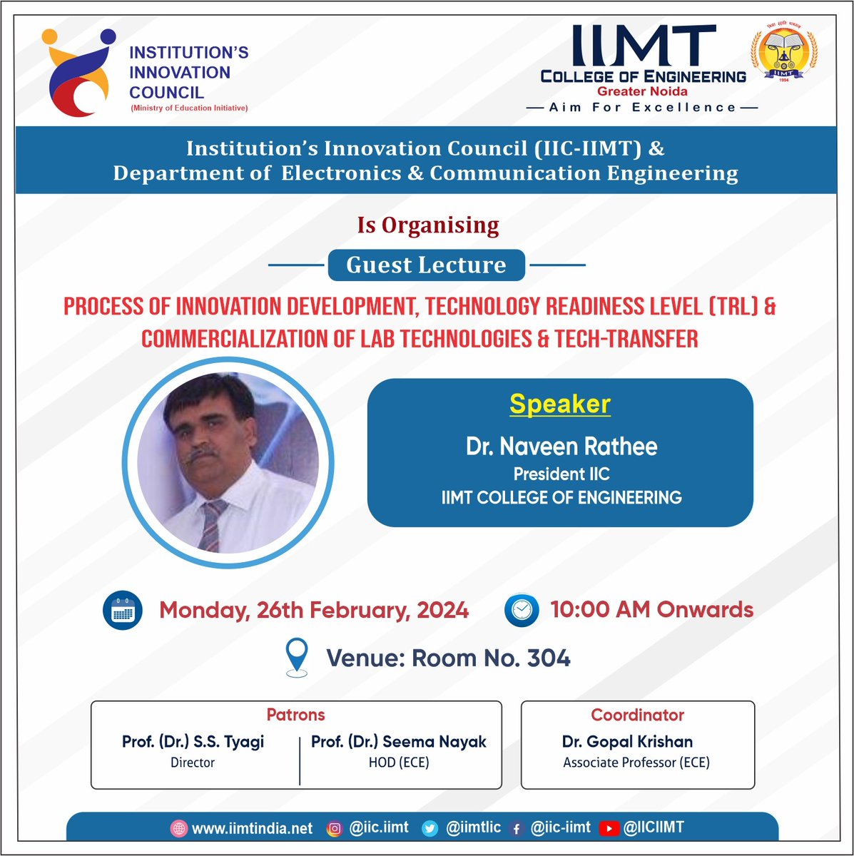 IimtIic's tweet photo. IIMT-IIC & Department of EC are jointly organizing a Guest Lecture on " Process Of Innovation Development, TRL and Commercialization of Lab Technologies "
.
#IIMTIndia #IIC #Entrepreneur #Edcell #InnovationCell #InstitutionInnovationCouncil #smarttechnology
#entrepreneurship https://t.co/Vd61fXcAn6