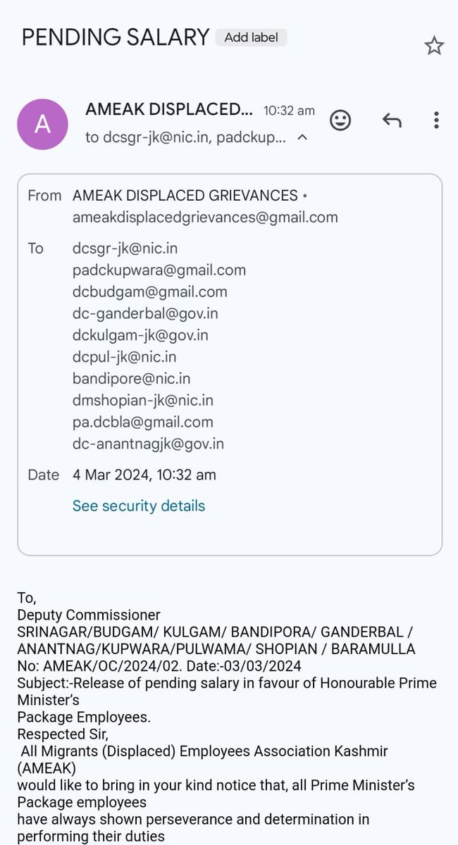 AMEAK_Displaced's tweet image. An appeal to all Deputy Commisioner&apos;s of Kashmir division requesting to pass necessary directions to all DDO&apos;s &amp;amp; DTO&apos;s in their respective districts to release the salaries of PM Package employees before the eve of #MahaShivaratri starts. Formal letter sent via mail to all DC&apos;s