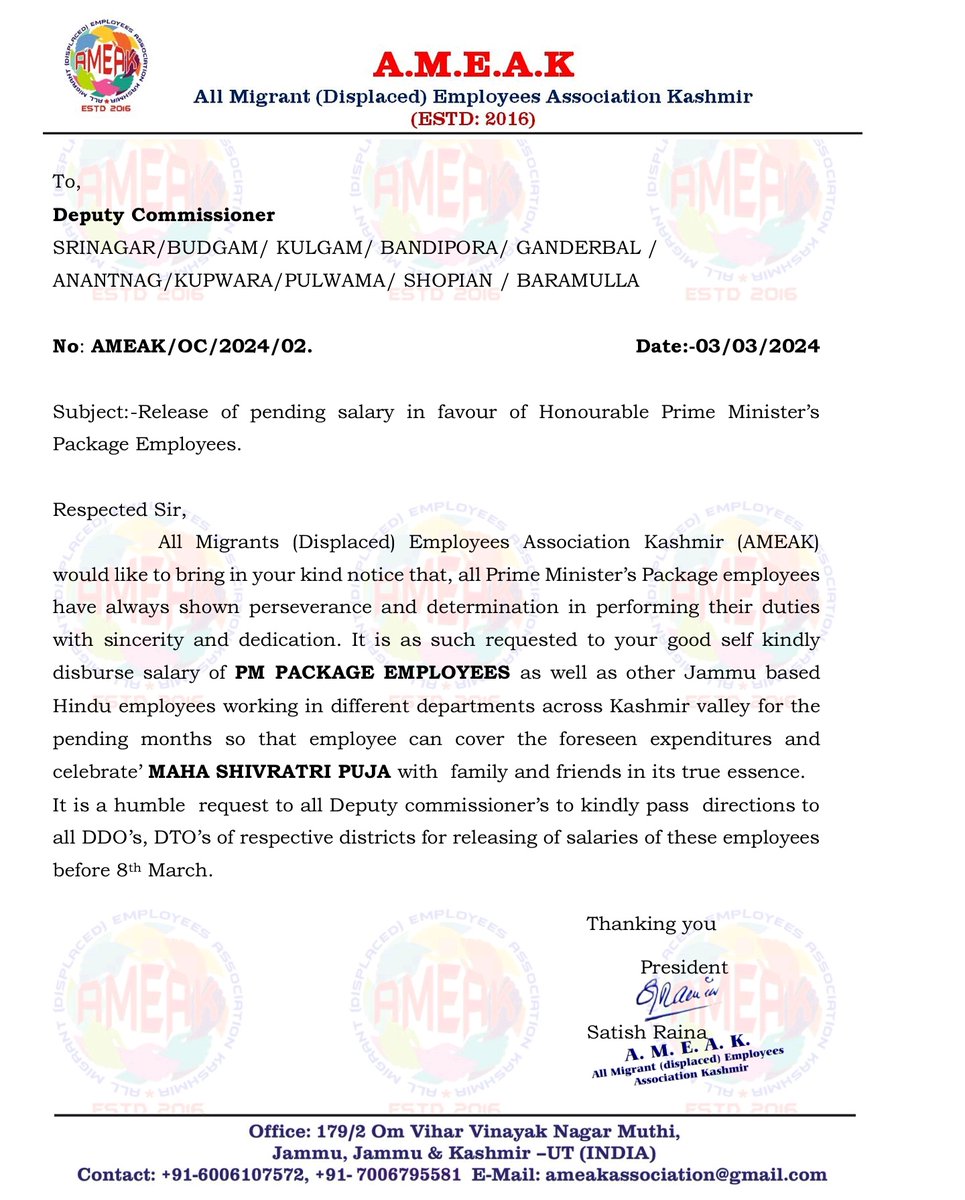 AMEAK_Displaced's tweet image. An appeal to all Deputy Commisioner&apos;s of Kashmir division requesting to pass necessary directions to all DDO&apos;s &amp;amp; DTO&apos;s in their respective districts to release the salaries of PM Package employees before the eve of #MahaShivaratri starts. Formal letter sent via mail to all DC&apos;s