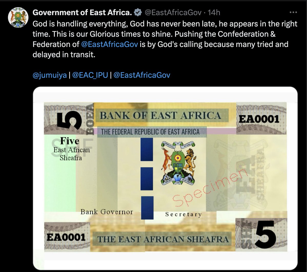 A fake Twitter account got a grey government checkmark and announced a fake new East African currency. The real account of the East African Community now has to clean up a mess they didn't create. This sheafra scam is what X has become