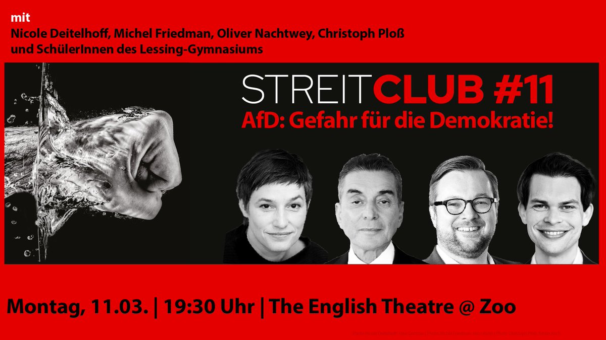 Am 11. März findet der nächste #StreitClub statt. Dieses Mal diskutieren @NDeitelhoff & Michel Friedman mit @onachtwey & @christophploss darüber, welche Gefahr für die #Demokratie von der #AfD ausgeht. Im @TheETF (Achtung, neuer Ort!) & online. @goetheuni fgz-risc.de/veranstaltunge…