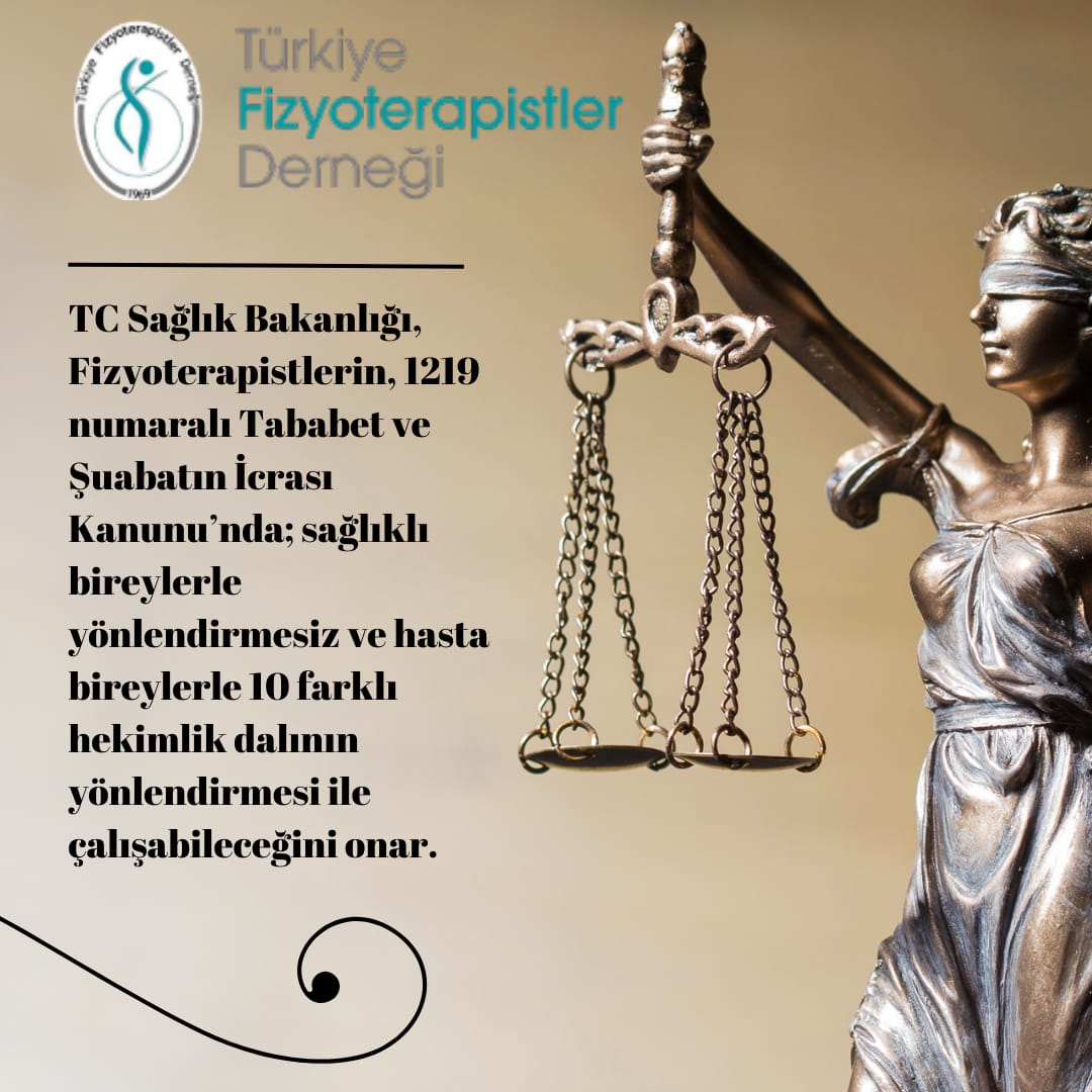 TC Sağlık Bakanlığı, Fizyoterapistlerin, 1219 numaralı Tababet ve Şuabatın İcrası Kanunu’nda; sağlıklı bireylerle yönlendirmesiz ve hasta bireylerle 10 farklı branş hekiminin yönlendirmesi ile çalışabileceğini onar.
#EngeldeğilDestekol 
#BiziYokMuSandınız 
#GümbürGümbürGeliyoruz