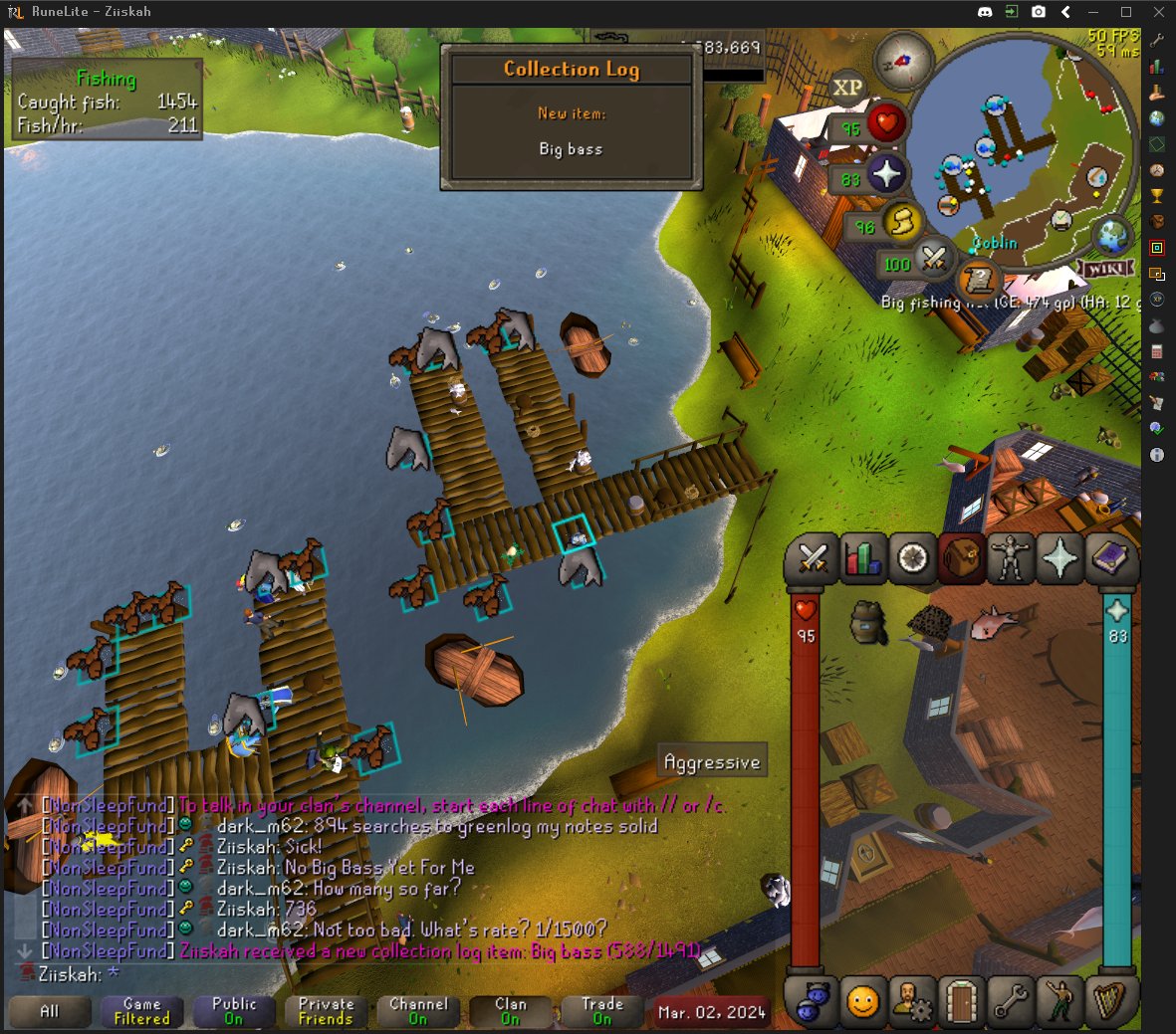 Zyskah's tweet image. Couple quick logs this weekend 🫣
Big Bass at ~736 ish and Zombie Axe at 512kc 
#osrs #collectionlog