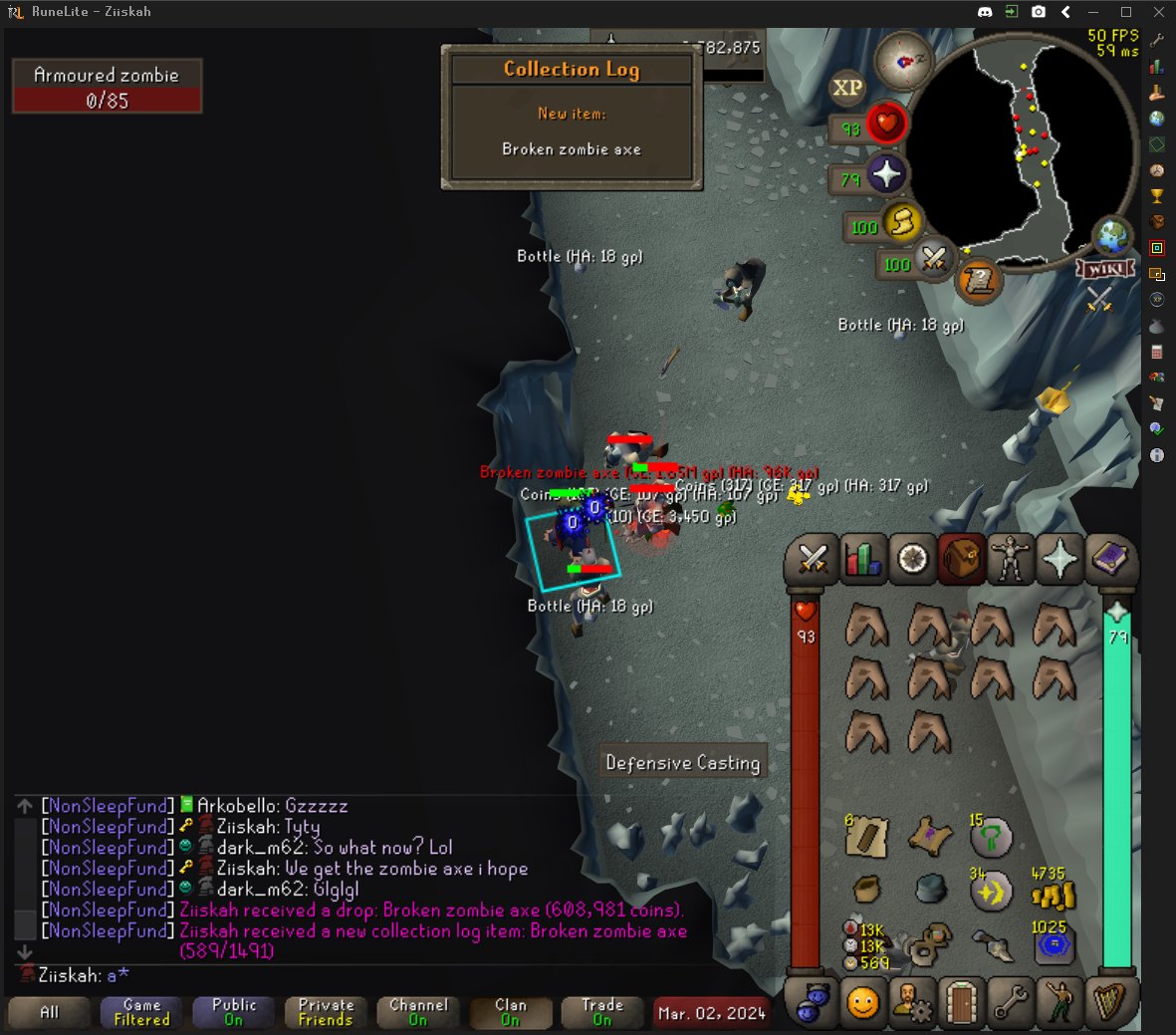 Zyskah's tweet image. Couple quick logs this weekend 🫣
Big Bass at ~736 ish and Zombie Axe at 512kc 
#osrs #collectionlog