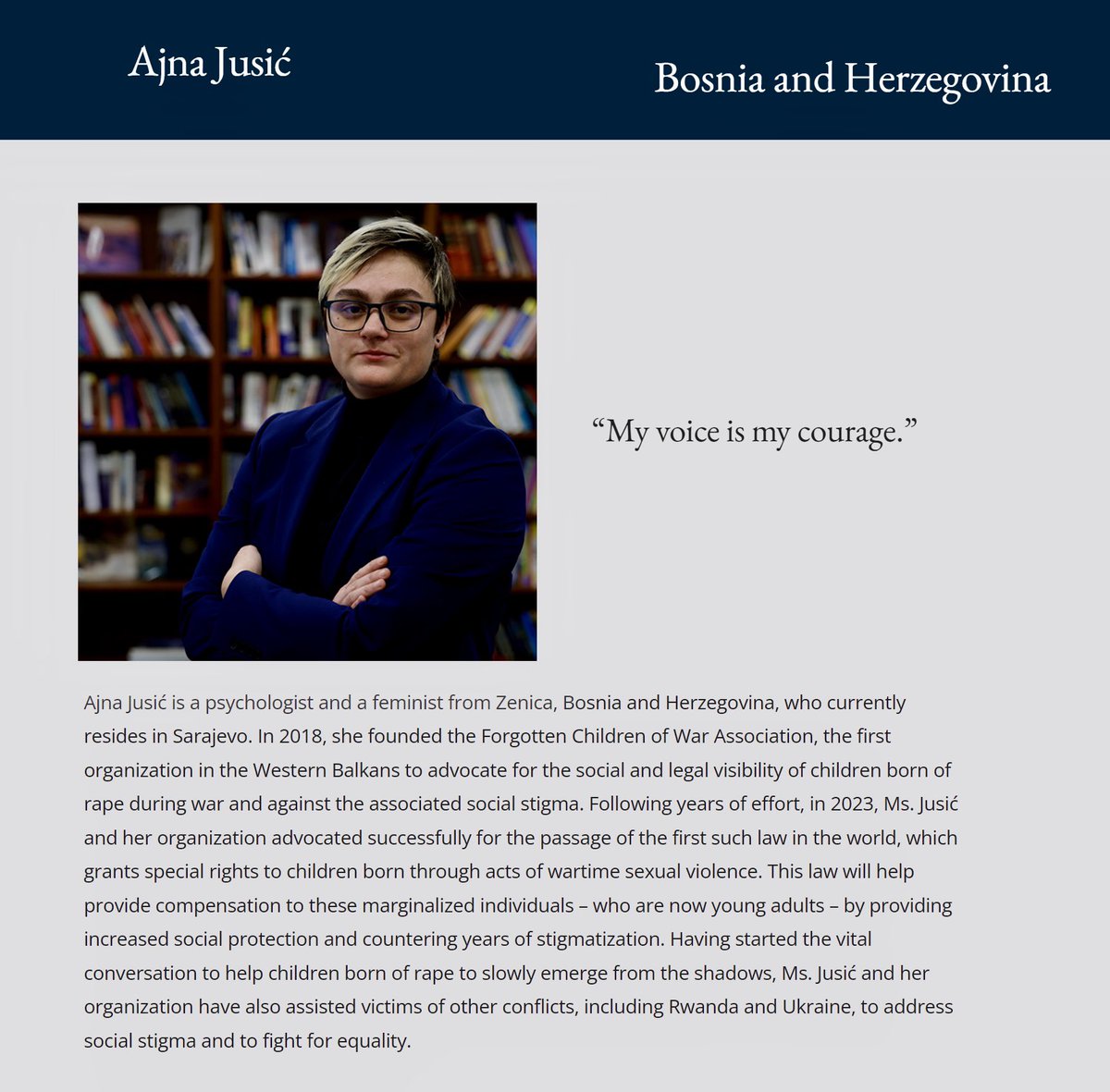 Today at 17:30 CET, Secretary of State Antony J. Blinken and First Lady Jill Biden will host the annual International Women of Courage (IWOC) Awards ceremony at the White House. This year, one of the recipients will be Ajna Jusić from Bosnia and Herzegovina.