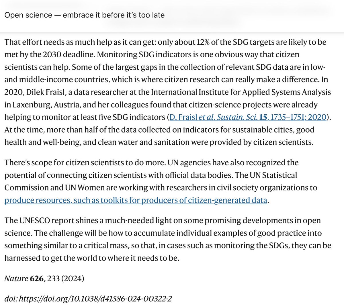 On this #OpenDataDay, I'm glad to share that in this recently published @Nature editorial on #openscience, the results of our work mapping #citizenscience contributions to the #SDGs are highlighted. 'Greater awareness on citizen science could aid efforts to achieve the SDGs' ⬇️