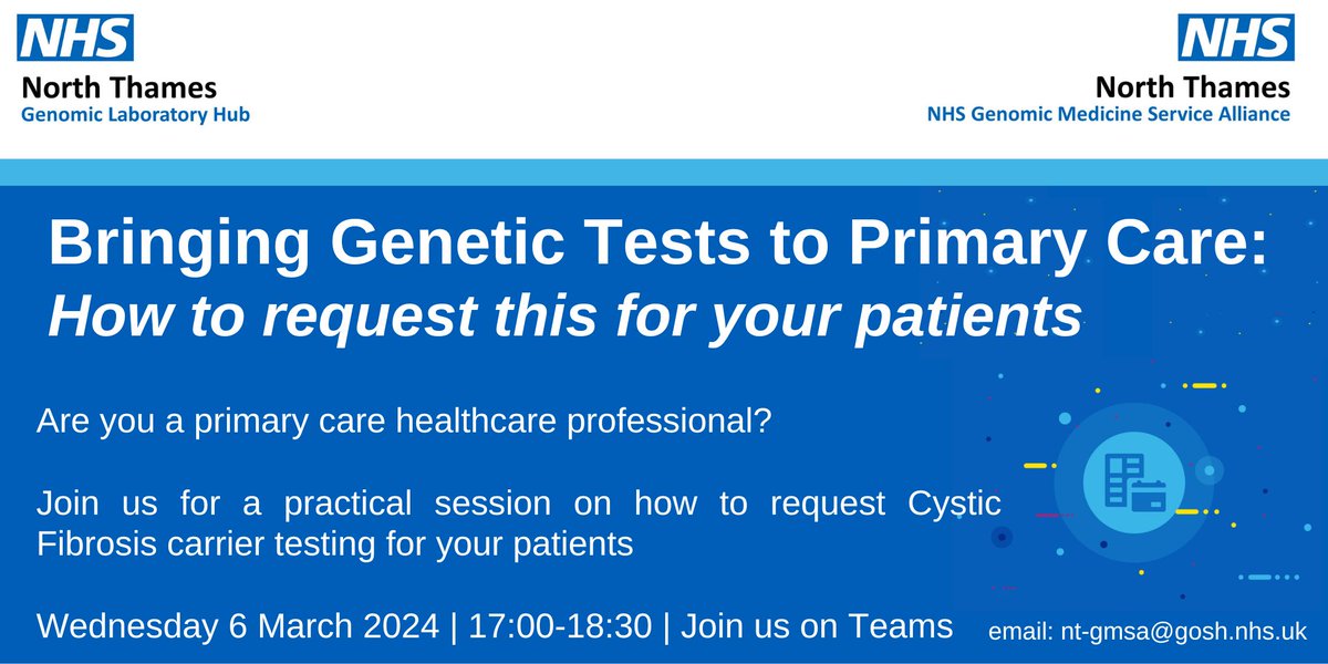 ⏱️There’s still time to book for our free webinar on Wednesday. This virtual training session provides a practical toolkit for primary care healthcare professionals to request Cystic Fibrosis carrier testing. Sign up here: tinyurl.com/CFGenetics #PrimaryCare