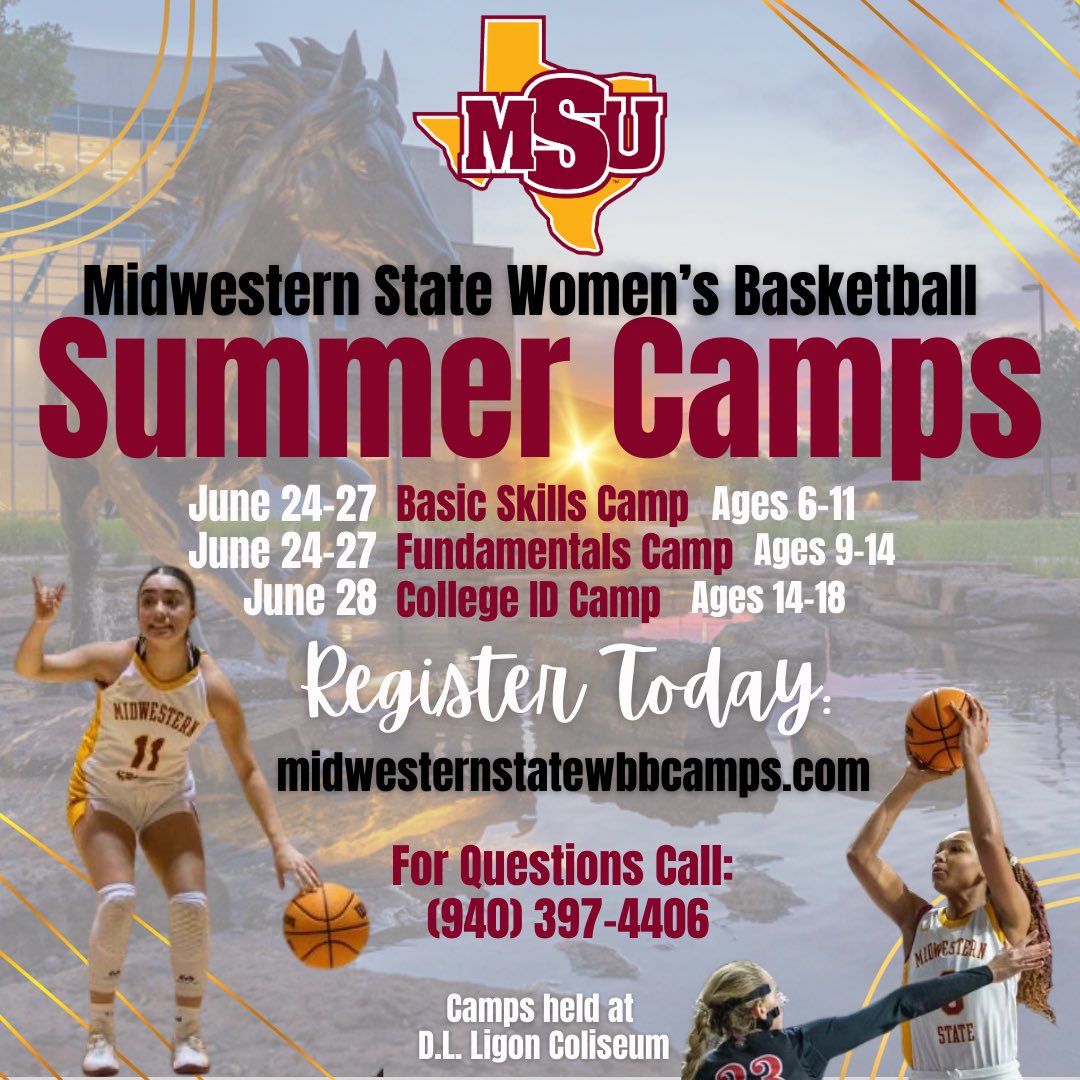 MSU Texas Women’s Basketball (@msutexaswbb) on Twitter photo Join us this Summer for 🐎 🏀 Camp!! Register today: 
midwesternstatewbbcamps.com Join us this Summer for 🐎 🏀 Camp!! Register today: 
midwesternstatewbbcamps.com