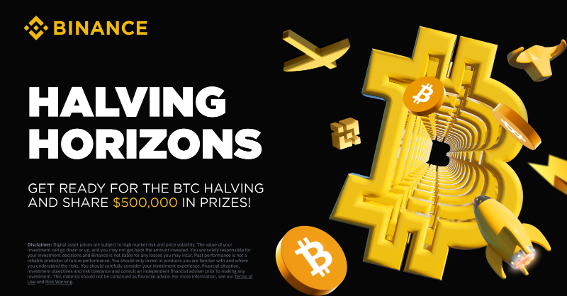 binance's tweet photo. Celebrate the upcoming #Bitcoin halving with #Binance! 

Win from a prize pool of over $500,000 by participating in our halving activities. 

Explore the #HalvingWithBinance ⤵️