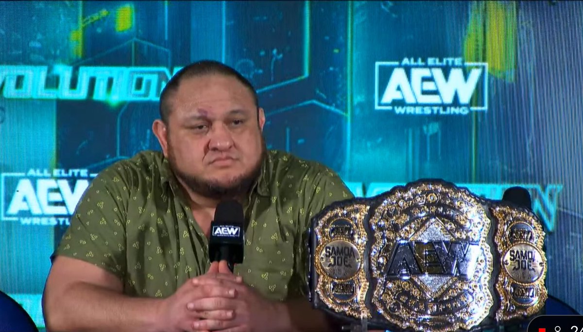 WrestlePurists's tweet photo. “I think you summed it up perfectly, that was last year (backstage drama). 

This is the AEW under my reign and as far as our locker room &amp; stuff, I don’t think it’s ever been better.”

- Samoa Joe

#AEWRevolution https://t.co/71wiAh61vL
