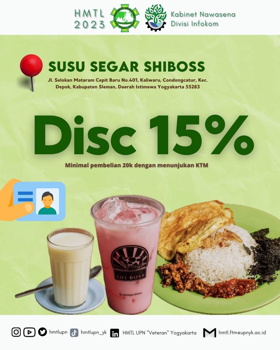 [Green Partner Space: Susu Segar Shi boss]

Halooo warga tl! 

Danus HMTL lagi ada kerja sama bareng @sususegar.shiboss 🥳

Buat warga TL bisa dapetin promo 15% dengan minimal pembelian 20k, dengan cukup menunjukan KTM 

Jangan lupa mampir !!

#NAWASENA
#HMTL2023
#PartnerShip