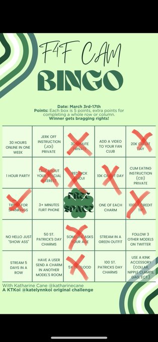 Great start to the @Flirt4Free St. Patrick&rsquo;s day bingo board!! Thank you everyone who pitched in tonight<a class="tags" href="/tag/flirt4free">@flirt4free</a>