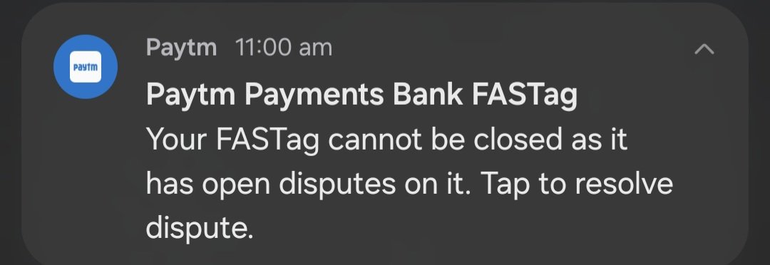 PruthiArpan's tweet photo. Dear @Paytm 
I called your support several time to close my fast tag of vehicle no. HR58C9758 but it show i have a open dispute and I'm receiving this message several times your support team is also not responding correctly.
@FASTag_NETC @Paytmcare @PaytmBank https://t.co/UwA42PqEKI