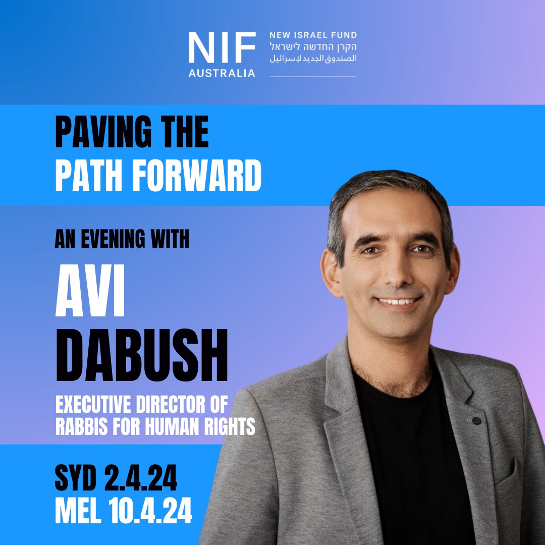 NIFAustralia's tweet photo. As we struggle in the present, we also look to the future and to building a future that seeks to better the lives of all Israelis and Palestinians.
We are pleased to announce the visit of Avi Dabush.

Book tickets here: https://t.co/mXcrrlaaMm https://t.co/Mqo9nUeeIN