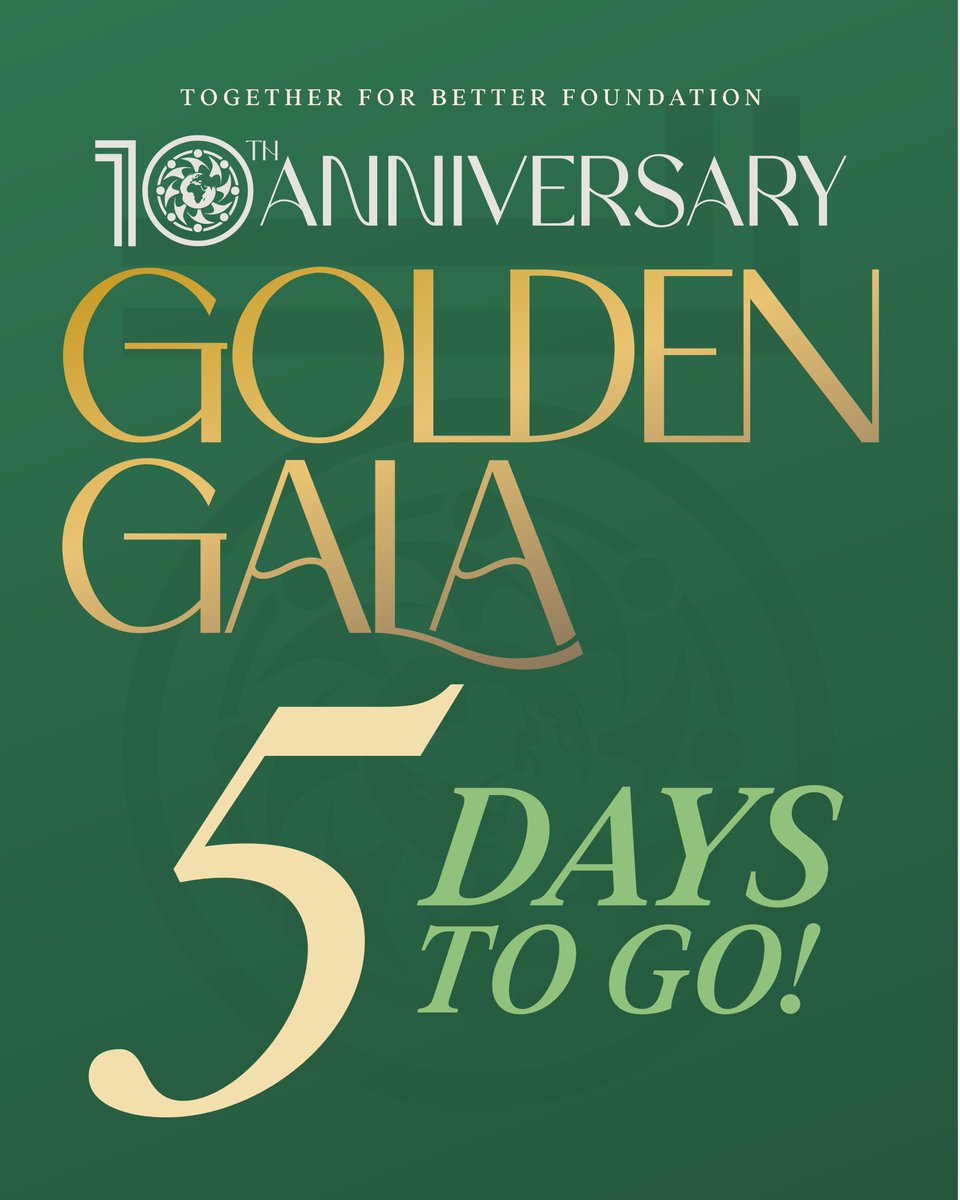 5 days to go! 

Our Golden Gala celebration is the perfect occasion for International Women's Day. Join us in honoring the achievements of Together for a Better Foundation and supporting their future projects in Kenya.

Get your tickets today for KES. 8,000! MPESA Till 5265045