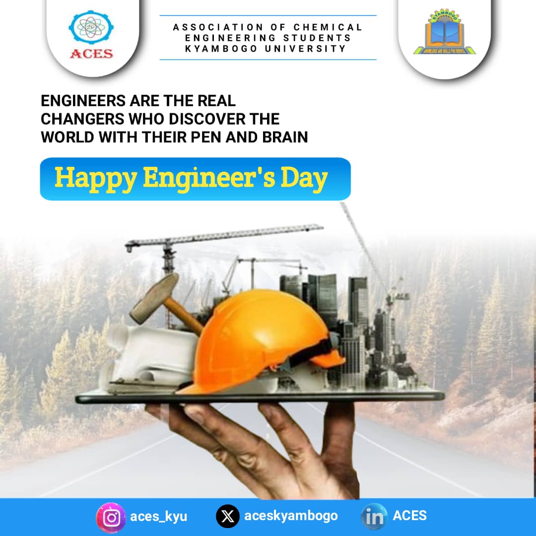aceskyambogo's tweet photo. Today, ACES joins the whole world to celebrate the World Engineers day
Under the theme 'Engineering Solutions for a sustainable world'👏
🧑🔬 Engineers don't just solve problems; they create elegant solutions that transform our world. Happy World Engineers Day!
#WorldEngineerday https://t.co/OfuU4HG9Sg
