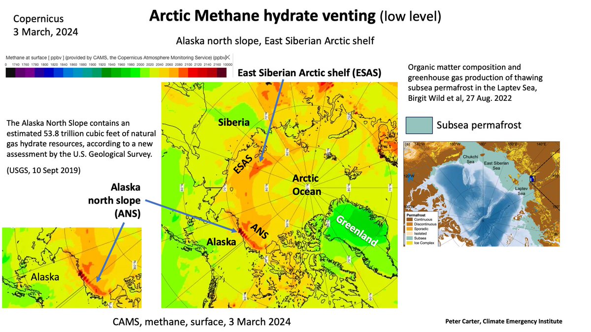 PCarterClimate's tweet photo. ARCTIC METHANE HYDRATE VENTING
(low level) Alaska north slope, East Siberian Arctic shelf
Vast amounts of methane established
3 Mar 2024, Copernicus  https://t.co/rN4v11TsZf
#methane  #climatechange #globalwarming https://t.co/VOPR0vi36p