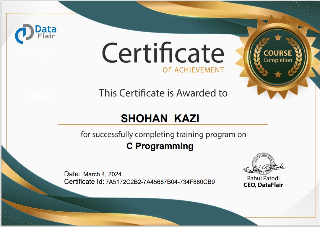 ShohanKazi012's tweet image. I just completed my C Programming Certification from @DataFlairWS 🎓👨💻 I'm ready to put my skills into action!
Programming Certificate data-flair.training/verify/7A5172C…
🚀 #CProgramming #CertifiedCoder #DataFlairC
