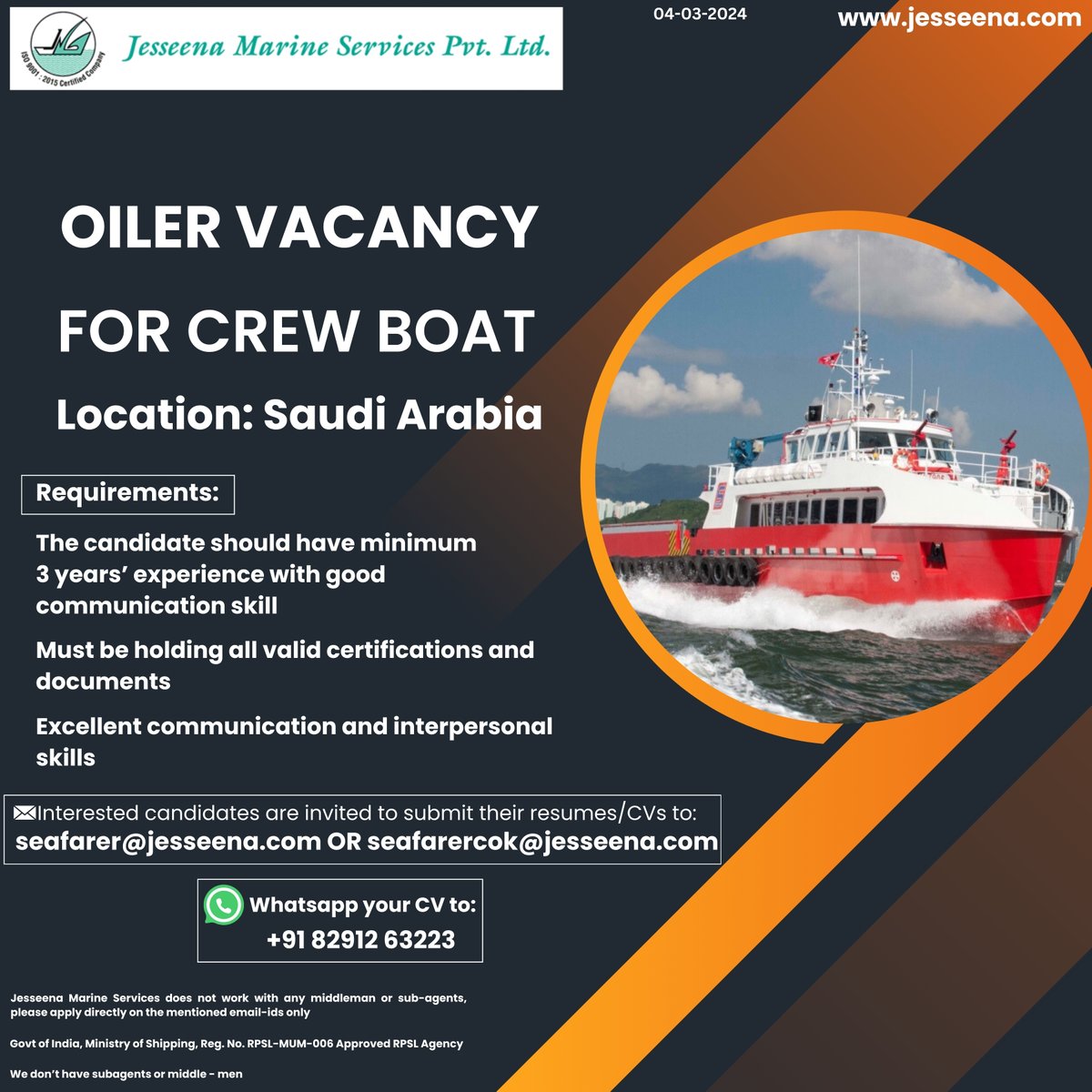 Oiler vacancy for crew boat in saudi arabia

Interested candidates are invited to submit their resumes/CVs to:
seafarer@jesseena.com OR seafarercok@jesseena.com

#OilerVacancy #CrewBoat #MaritimeCareersKSA #SeafarerOpportunities #OilerRole #MarineRecruitment #CrewBoatVacancy