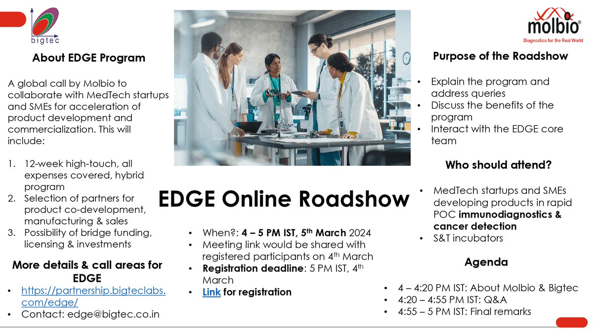 IKP_SciencePark's tweet photo. Calling all #MedTech Innovators!

Join us for the Roadshow for EDGE programme on March 5. Whether you're developing rapid POC immune diagnostics or cancer screening tech, this is your chance to revolutionise healthcare!

Last date: March 5, 5 pm IST.

🔗https://t.co/ZZUQrhYwD5 https://t.co/tKzZBFzoZA