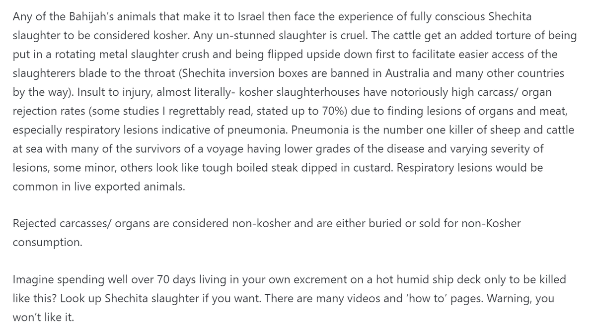 susanamet's tweet photo. "Any of the Bahijah’s animals that make it to Israel then face the experience of fully conscious Shechita slaughter to be considered kosher... Imagine spending well over 70 days living in your own excrement on a hot humid ship deck only to be killed like this?" - Lynn Simpson https://t.co/g27N0HQn1K