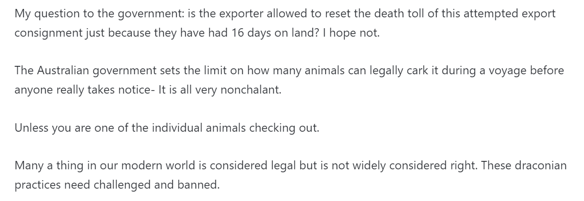 susanamet's tweet photo. Lynn Simpson: "My question to the government: is the exporter allowed to reset the death toll of this attempted export consignment just because they have had 16 days on land? I hope not"
#Banliveexport #legislatethedate #Bahijah https://t.co/tm5DEnYxyq