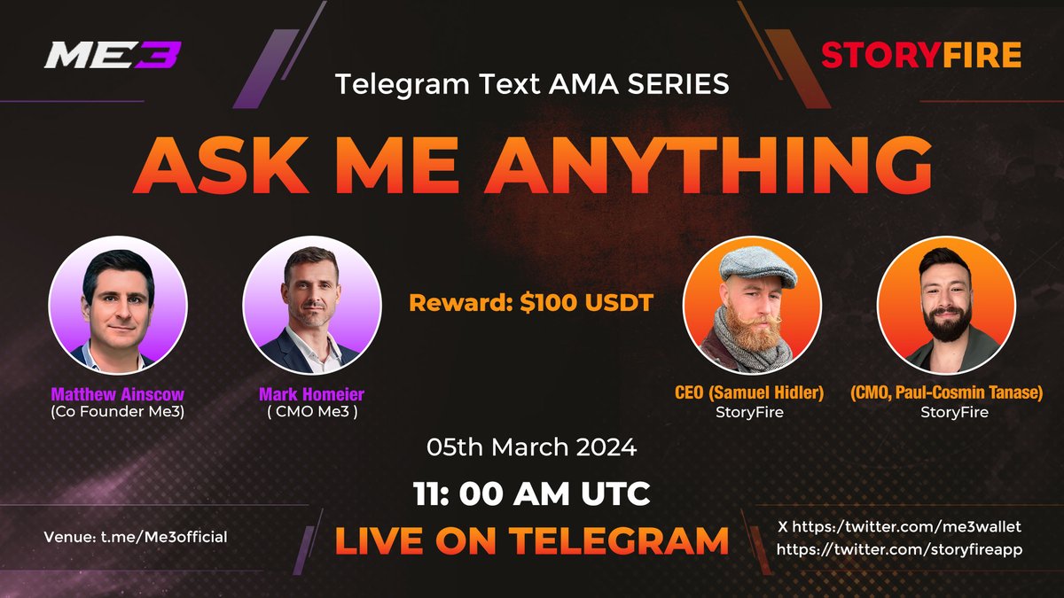 GachaGalaxyHQ's tweet photo. 🎙️ Don't miss out on our upcoming special Text #AMA featuring @Me3wallet!

⏰ When: March 5th, 11:00 AM UTC
📍 Where: Join us at https://t.co/TWDuM1J7Eo
🎙️ Guests: Matthew Ainscow, Founder of Me3; Mark Homeier, CMO of Me3; & Samuel Hidler, CEO of StoryFire , Paul-Cosmin Tanase, CMO of StoryFire.

To participate:

1⃣ Follow @Me3wallet and $BLAZE
2️⃣ Join the discussion at https://t.co/TWDuM1J7Eo
3️⃣ Like, Retweet, and Tag 3 friends to spread the word!