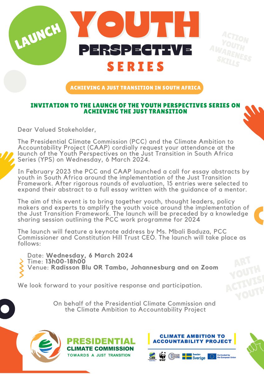 EVENT | Youth Perspectives Series 2024 Launch and Youth Knowledge Sharing Session 📆 Wed, 6 March 2024 ⏰ 13h00-18h00 📍 Radisson Blu OR Tambo 🏡 Physical Registration forms.gle/ND4GyXfhNrTSSg… 💻 Virtual Registration climatecommission-org-za.zoom.us/webinar/regist… #YPS2024 #Youth #JustTransition