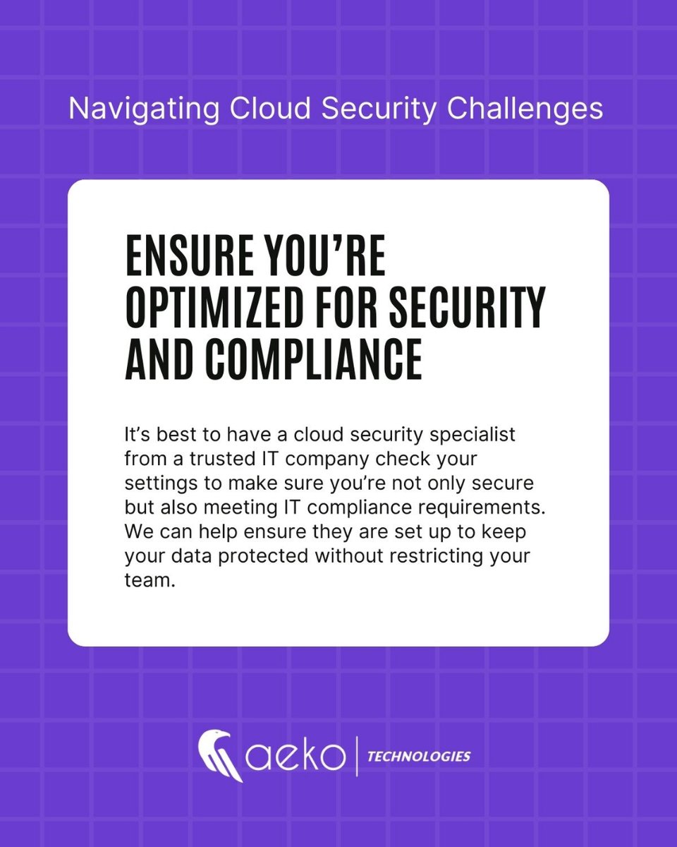 Secure your cloud without stifling productivity!

Let Aeko Technologies, your trusted IT ally, optimize your settings for peak security and seamless compliance. Keep your data safe while empowering your team to thrive.

#CloudSecurity #ITCompliance #aekotechnologies