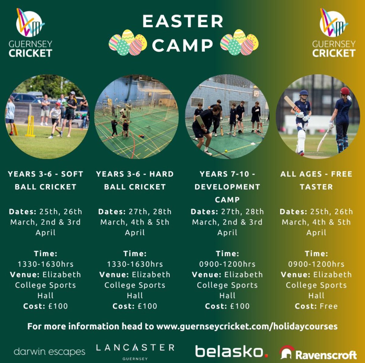 FREE TASTER SESSIONS - Easter As part of our holiday camps we’ll be offering free sessions for primary and secondary aged children to try the sport. For more details and info on our other activities this Easter click below 👇 guernseycricket.com/holidaycourses