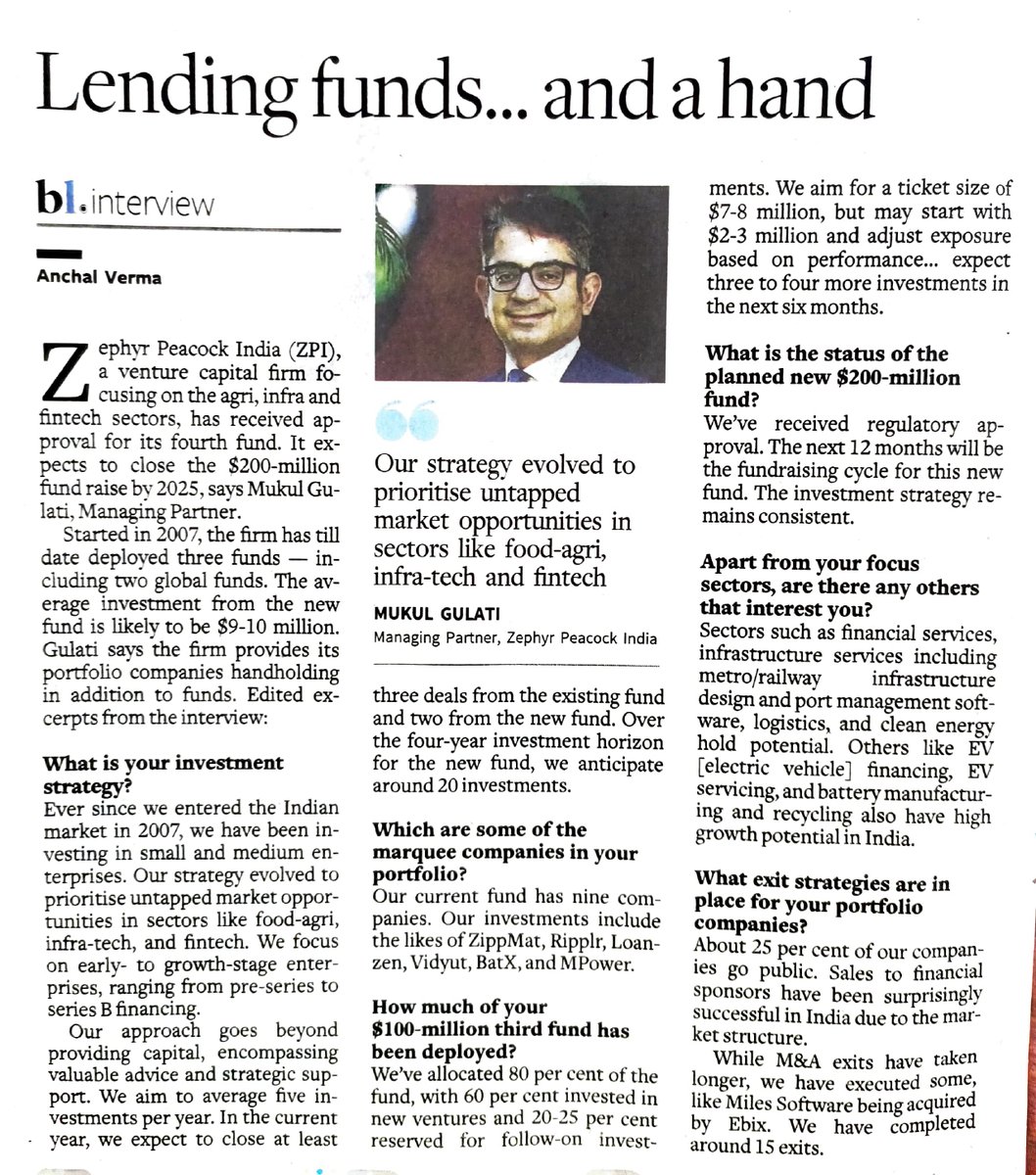 ZephyrPeacock's tweet photo. In an interview with @businessline, @mukul_value, Managing Partner, @ZephyrPeacock discusses ZP's investment strategy, focus sectors for investment, exit strategies, and plans for the next fund. https://t.co/MX5bW6RHGY