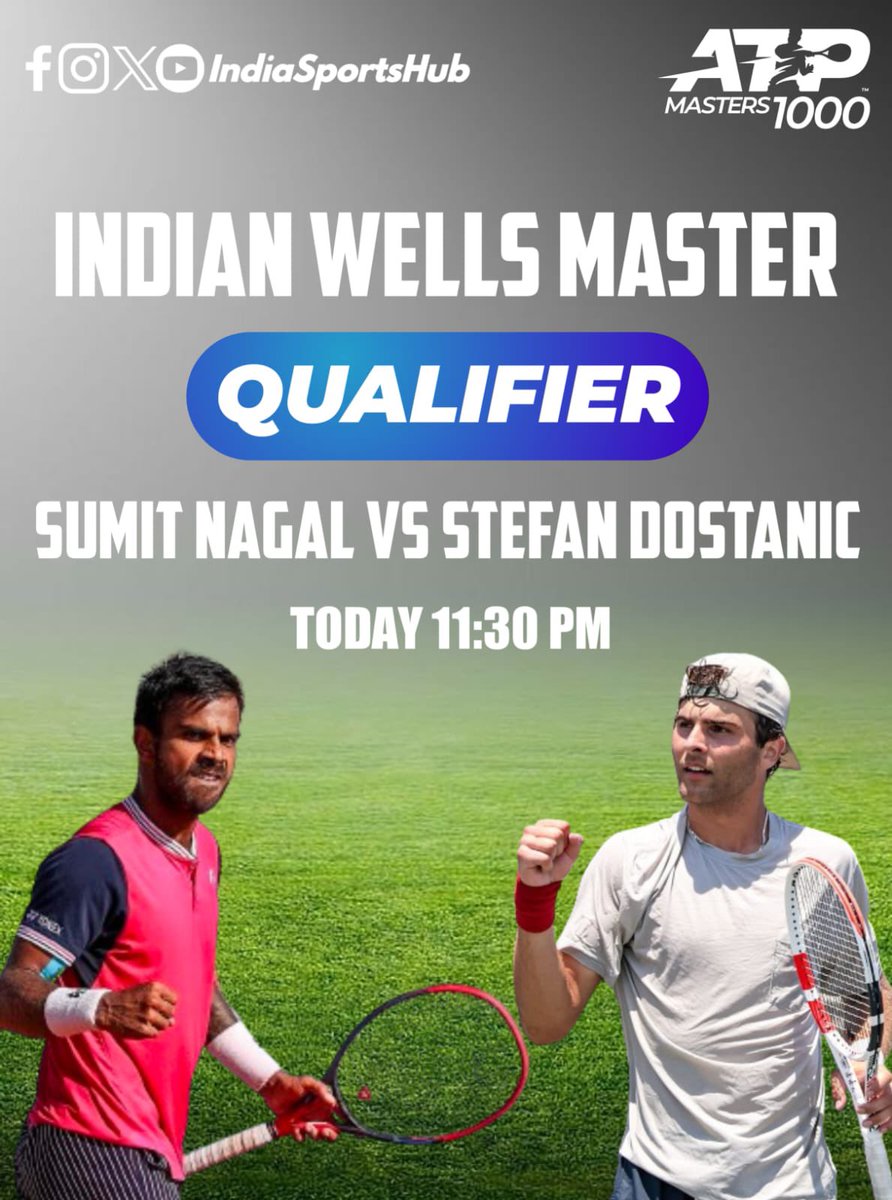 NAGAL VS DOSTANIC

After a successful Indian stint the India No1 is now in USA

He faces WC entrant in #IndianWellsMasters ATP1000 round1 in qualifying 

Should he win an exciting Final qualifying round waiting for him either Watanuki Career High of 72 or Kwon Soon Woo CH 52