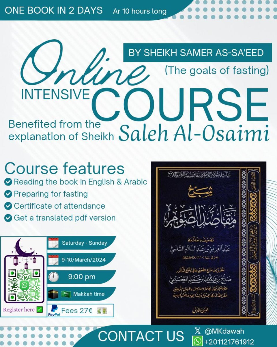 MKdawah's tweet photo. BIG 'ILM OPPURTUNITY ALHAMDULILLAH! 🤲

Intensive two-day course by Sheikh Samer (Student of Sheikh Al Useimy and Sheikh Fawzan) NEXT SATURDAY on the newly-translated book: Maqaasid As-Sawm; Goals of Fasting. 

Text the Sheikh to join then get the PDF!
https://t.co/eKN1XMAtj0 https://t.co/6unPYD7tnc