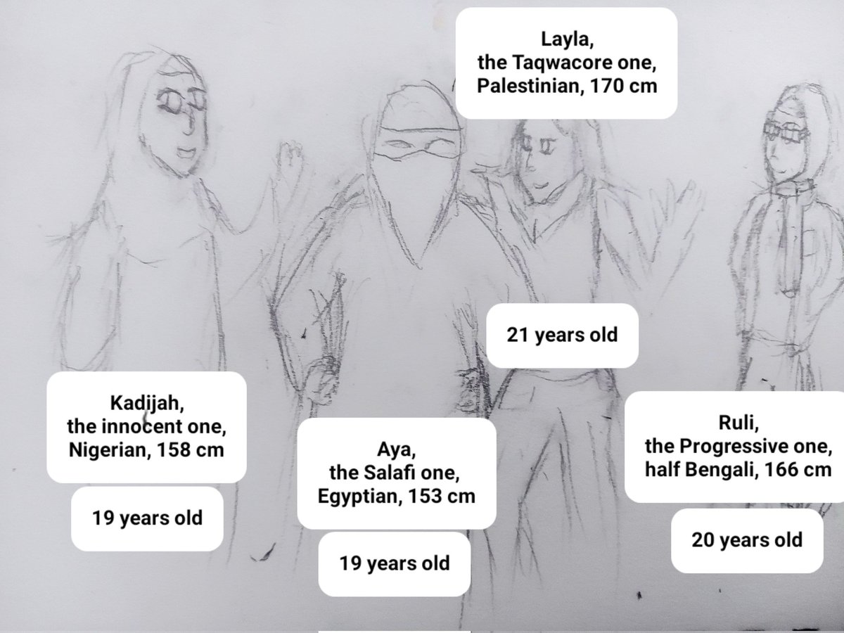 A_comrade_a's tweet photo. My new idea for a comedy comic called "Al-mu'minat", about a bunch of young Muslim women who all think of themselves as good people but are terrible each in their own ways but are too self absorbed to notice https://t.co/nrP6VcW9Op