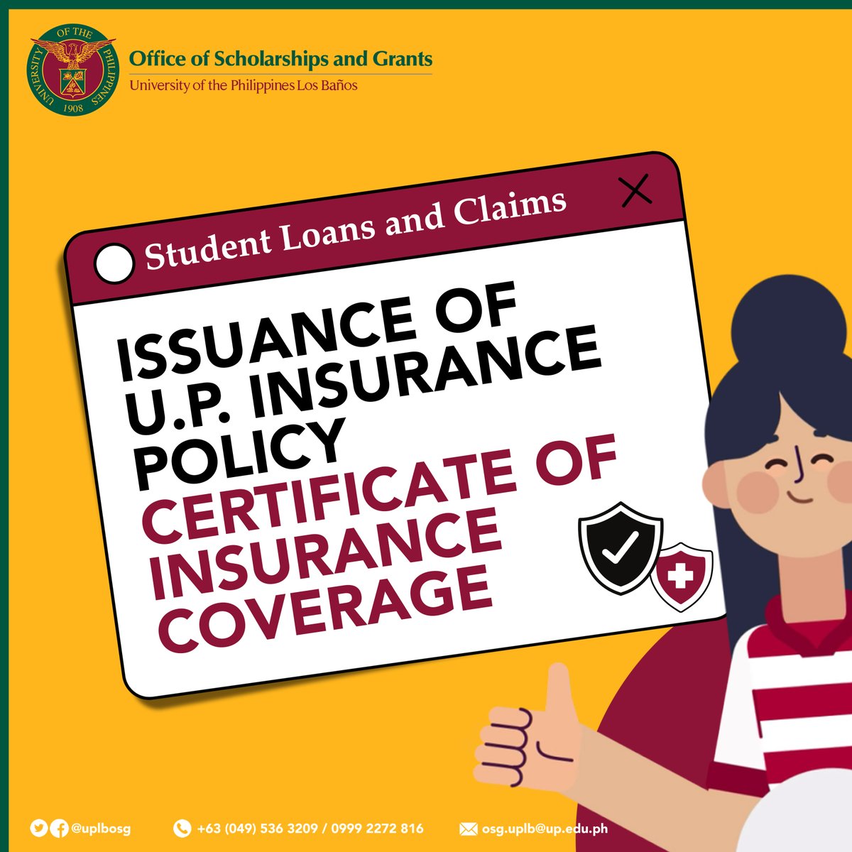 uplbosg's tweet photo. The issuance of U.P. Student Insurance Policy - Certificate of Insurance Coverage goes fully automated! Qualified students may now generate their certificate through the OVCSA website. For more information, you may check the original post through this link https://t.co/wgf9Yrbgeu https://t.co/8wordX5pPV