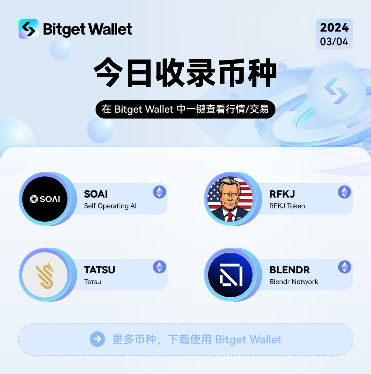 本周的关注点是#Meme 币吗？👀 别忘查看最新收录的币种： $SOAI $RFKJ $TATSU $BLENDR @SelfOperatingAI  @RFKJToken @TatsuEcosystem @BlendrNetwork #Meme #MemeCoinSeason #Trending  #Ethereum #AICoin #BitgetWallet