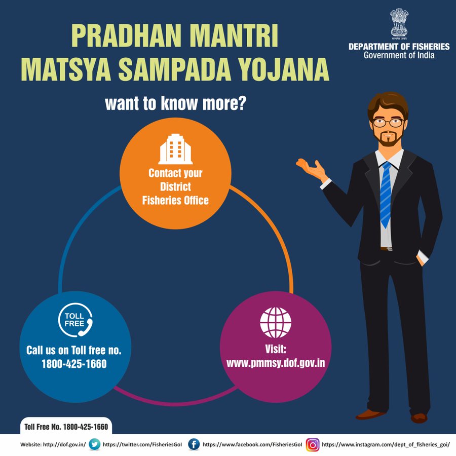 Pradhan Mantri Matsya Sampada Yojana (PMMSY):  Do you want to know more?

➡️ Contact your district fisheries office 
➡️ Visit pmmsy.dof.gov.in 
➡️ Call us on Toll Free no. 1800-425-1660